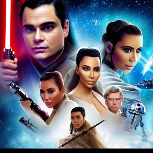 Image similar to super detailed star wars movie poster with ben shapiro, snooki and kim kardashian, 8k full HD photo, cinematic lighting, anatomically correct, oscar award winning, action filled, correct eye placement,