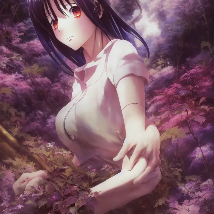 Image similar to Nishimiya Shouko, Albedo from Overlord, Mayer Re-l, Japan Lush Forest, official anime key media, close up of Iwakura Lain, LSD Dream Emulator, paranoiascape ps1, official anime key media, painting by Vladimir Volegov, beksinski and dan mumford, giygas, technological rings, johfra bosschart, Leviathan awakening from Japan in a Radially Symmetric Alien Megastructure turbulent bismuth glitchart, Atmospheric Cinematic Environmental & Architectural Design Concept Art by Tom Bagshaw Jana Schirmer Jared Exposure to Cyannic Energy, Darksouls Concept art by Finnian Macmanus