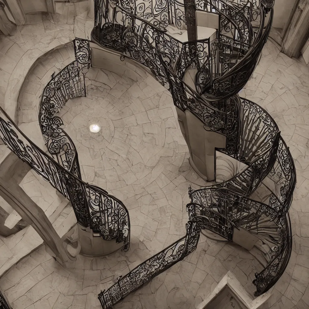 Image similar to a realistic art - nouveau spiral staircase. dark stairs. tall building, seen from the top. realistic shadows of cats. detailed, octane render, hyperrealistic, very coherent, hyper realism, high detail, octane render, 8 k