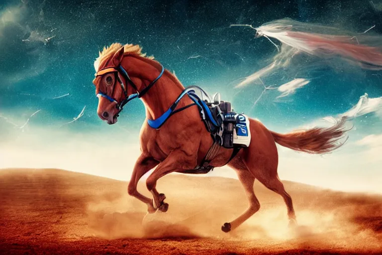 Image similar to an astronaut riding the fastest horse in a race, cinematic imax shot, retro, hyper detailed, windy mane, motion still