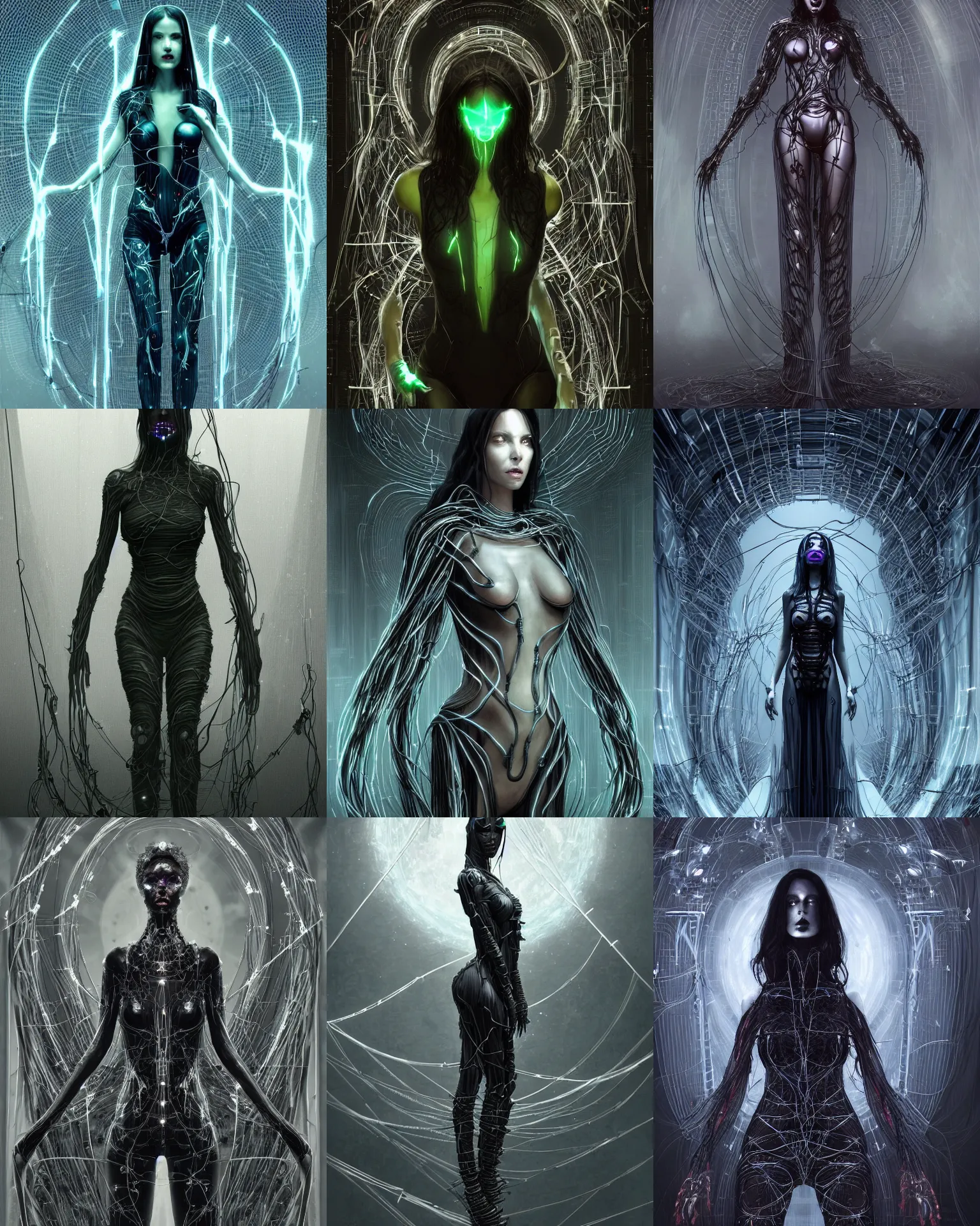 Prompt: wlop and greg rutkowski symmetrical full body character portrait of liliana vess as borg queen of sentient parasitic flowing ai, floating in a powerful zen state, avant garde fashion model, beautiful and ominous, wearing bodysuit made of wires and fractal ceramic, machinery enveloping nature in the background, artstation scifi character concept, hyper realism, sharp focus