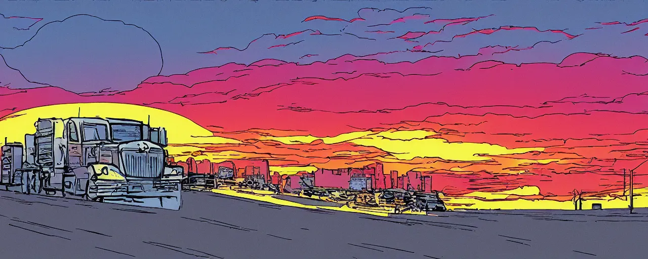 Prompt: sunset on highway beautiful sky southwest graphic novel illustration by frank miller