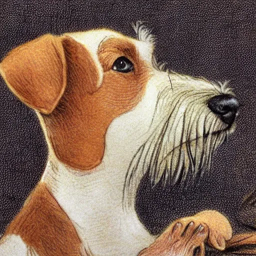 Image similar to closeup candid portrait of jack russel terrier crying, illustrated by peggy fortnum and beatrix potter and sir john tenniel