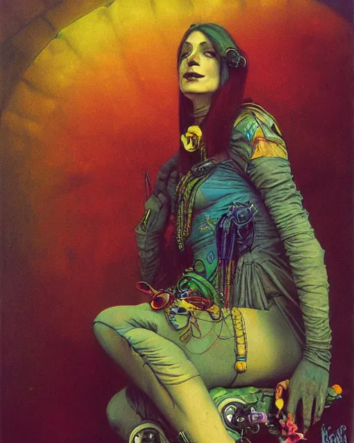 Image similar to rainbow flowerpunk portrait of a strict matriarch, on an aircraft, by paul lehr, beksinski, jesper ejsing, alphonse mucha