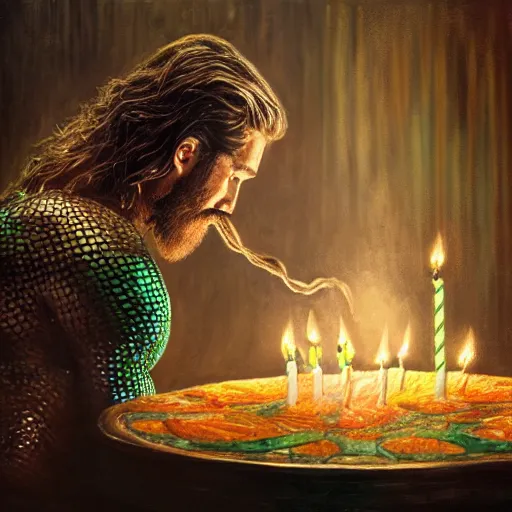 Image similar to intricate five star portrait of aquaman blowing the candle at his birthday, emotion, oil on canvas, hdr, high detail, photo realistic, hyperrealism, matte finish, high contrast, 3 d depth, centered, masterpiece, grainy, tasteful colors, enhanced light effect, enhanced eye detail, artstationhd