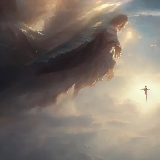 Image similar to The son of God coming in the clouds with his millions of angels , artstation, Greg rutkowski, cinematic, digital Art