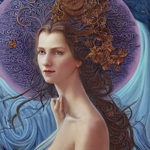 Image similar to facial portrait of a young pretty woman in flowing dress, arrogant, mysterious, long fine flowing hair, delicate, looking at camera, slightly awkward smile, realistic face, hands behind back, stylish, elegant, grimdark fantasy, flowers, art nouveau, extremely detailed painting inspired by Gerald Brom and Ernst Haeckel and Kaluta