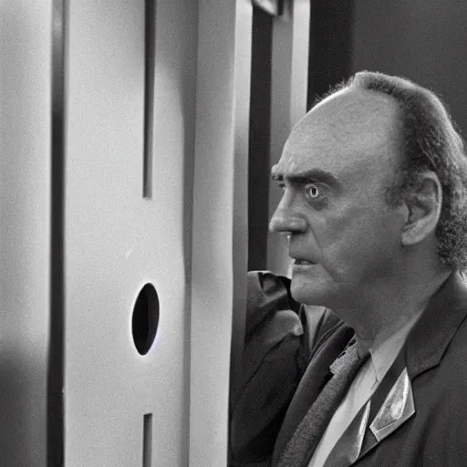 Image similar to portrait of Klingon Chancellor Gowron as he inspects a 2 inch round hole in the wall of the bathroom stall at a gas station