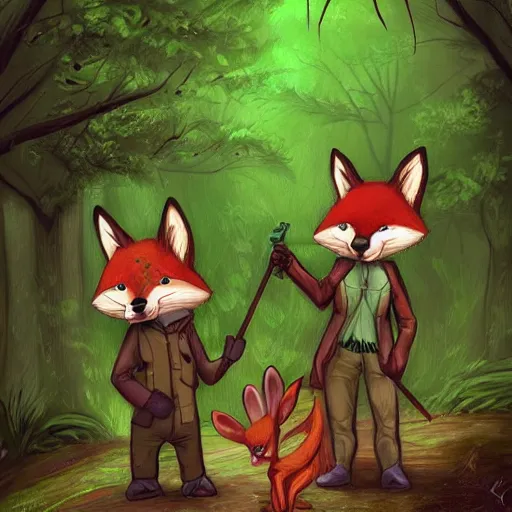 Image similar to 3 woodland critters, resistance, communist, bunny, mouse, fox, political meeting in the woods, antropomorphic, fantasy digital art, art station, green attire, art by kyle ferrin