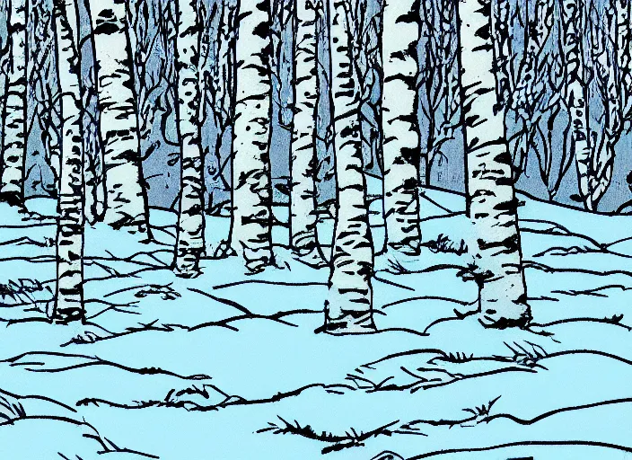 Prompt: rocky snowdrift birch landscape background from calvin and hobbes by bill watterson