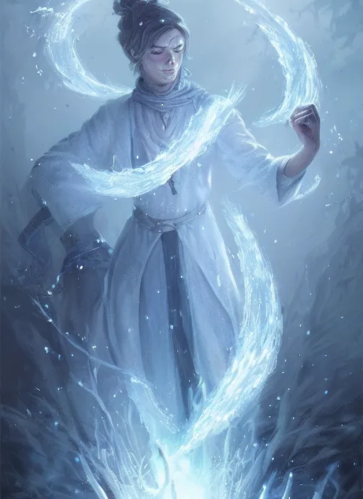 Prompt: a mage casting a frost spell by charlie bowater and john howe