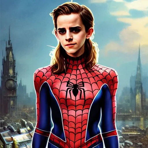 Prompt: emma watson in a spiderman suit sitting on the iron throne, eating a hamburger, photorealistic, highly detailed, artstation, smooth, anatomically correct, art by michael whelan, artgerm, greg rutkowski and alphonse mucha