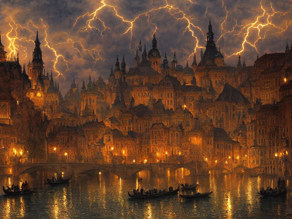 Image similar to a view from the river a city resembling prague, paris, and venice at night with a sky full of lightning, intricate, elegant, highly detailed, digital painting, artstation, concept art, smooth, sharp focus, colored illustration for tattoo, art by thomas kincade, krenz cushart and artem demura and alphonse mucha,