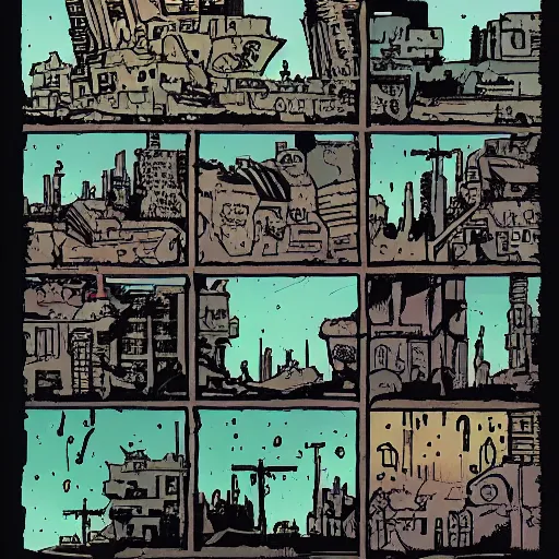 Image similar to landscape of apocalypse city comic book artsyle illustration by mike mignola