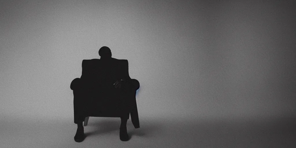 Image similar to photo style of nick fancher, portrait of silhouette of big black man sitting on throne, hazy foggy background and floor made of big curtains