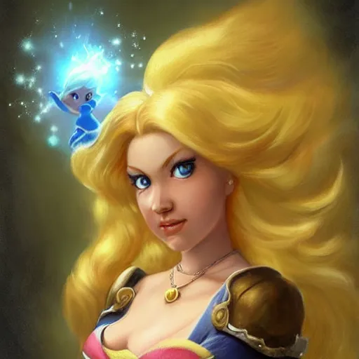 Image similar to princess rosalina from super mario as realistic blond human character, with star luma, art portrait, matte fantasy painting, deviantart artstation, by jason felix by steve argyle by tyler jacobson by peter mohrbacher, cinema c 9. 0