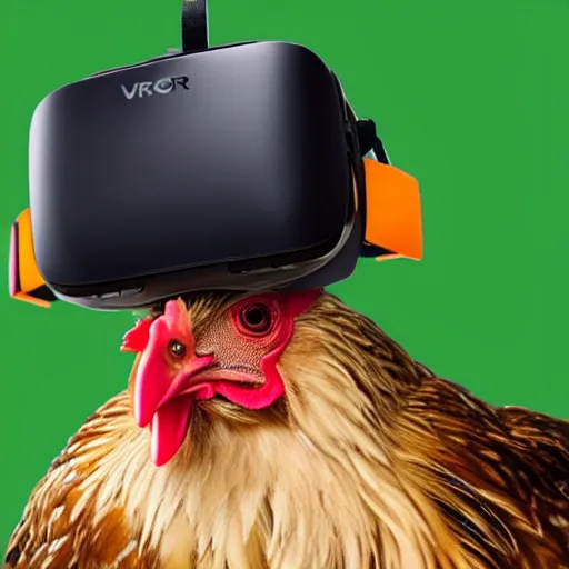 Prompt: a photo of a chicken wearing a chicken-sized VR headset over its head