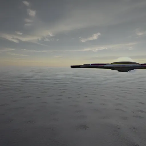 Image similar to blakes 7 liberator space craft flying low over a lake with relfections 8 k resolution evening sunlight, ambient occlusion cinematic volumetric clouds