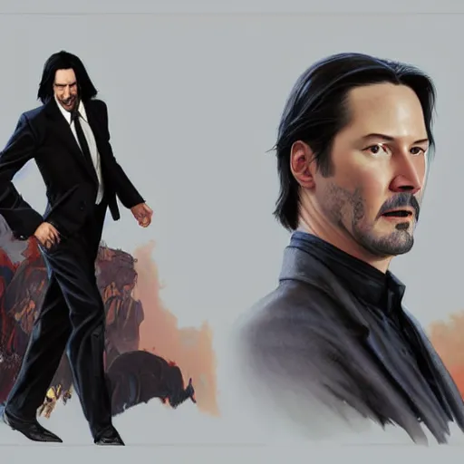 Image similar to Keanu Reeves in Matrix, highly detailed, digital painting, artstation, concept art, smooth, sharp focus, illustration, ArtStation, art by artgerm and greg rutkowski and alphonse mucha and J. C. Leyendecker and Edmund Blair Leighton and Katsuhiro Otomo and Geof Darrow and Phil hale and Ashley wood and Ilya repin and Charlie Bowater