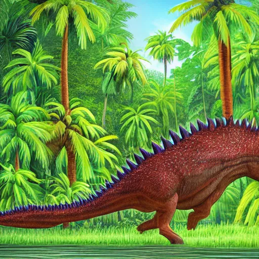 Image similar to giant spinosaurus walking through a tropical forest