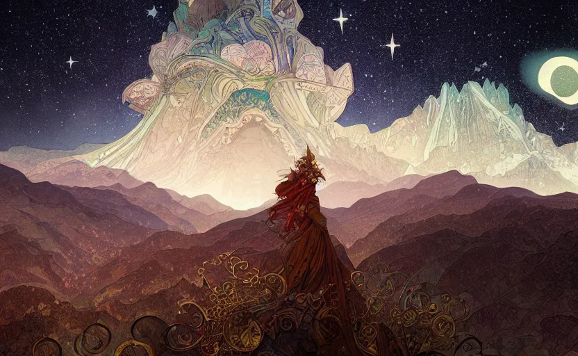 Image similar to mountains, stars and paisley filled sky, artstation, intricate, highly detailed, digital painting, concept art, sharp focus, illustration by Yoshitaka Amano and Alphonse Mucha