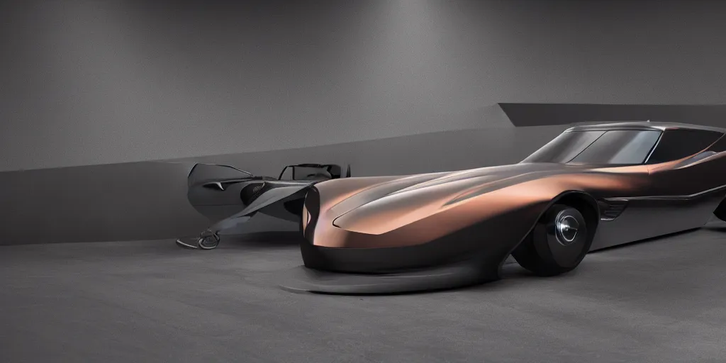 Image similar to a design of a futuristic Corvette C2 1969, designed by Polestar, blade runner background, stained antique copper car paint, black windows, dark show room, dramatic lighting, hyper realistic render, depth of field