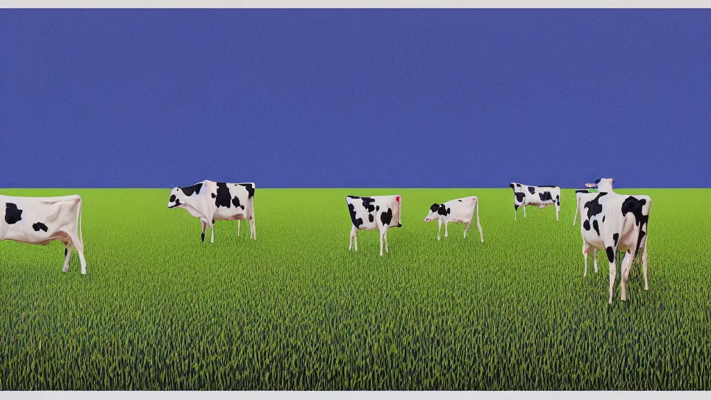 Prompt: cow pasture in saitama japan, a collage painting, in the style of wes anderson, lola dupre, david hockney, isolated on negative white space background dark monochrome neon fluorescent spraypaint accents volumetric octane render