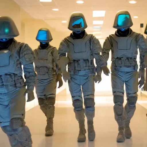 Image similar to a squad of futuristic soldiers in a spaceship hallway