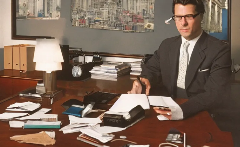 Image similar to photorealistic picture of wall street banker in his office. 8 0's style