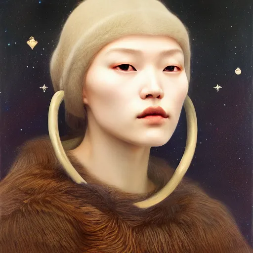 Image similar to a ultradetailed beautiful painting of a inuit european woman by hsiao ron cheng, ngai victo, nivanh chanthara jean delville wlop and dougherty patrick, trending on artstation, alaska, light sparkles, major arcana sky, sharp focus, soft light