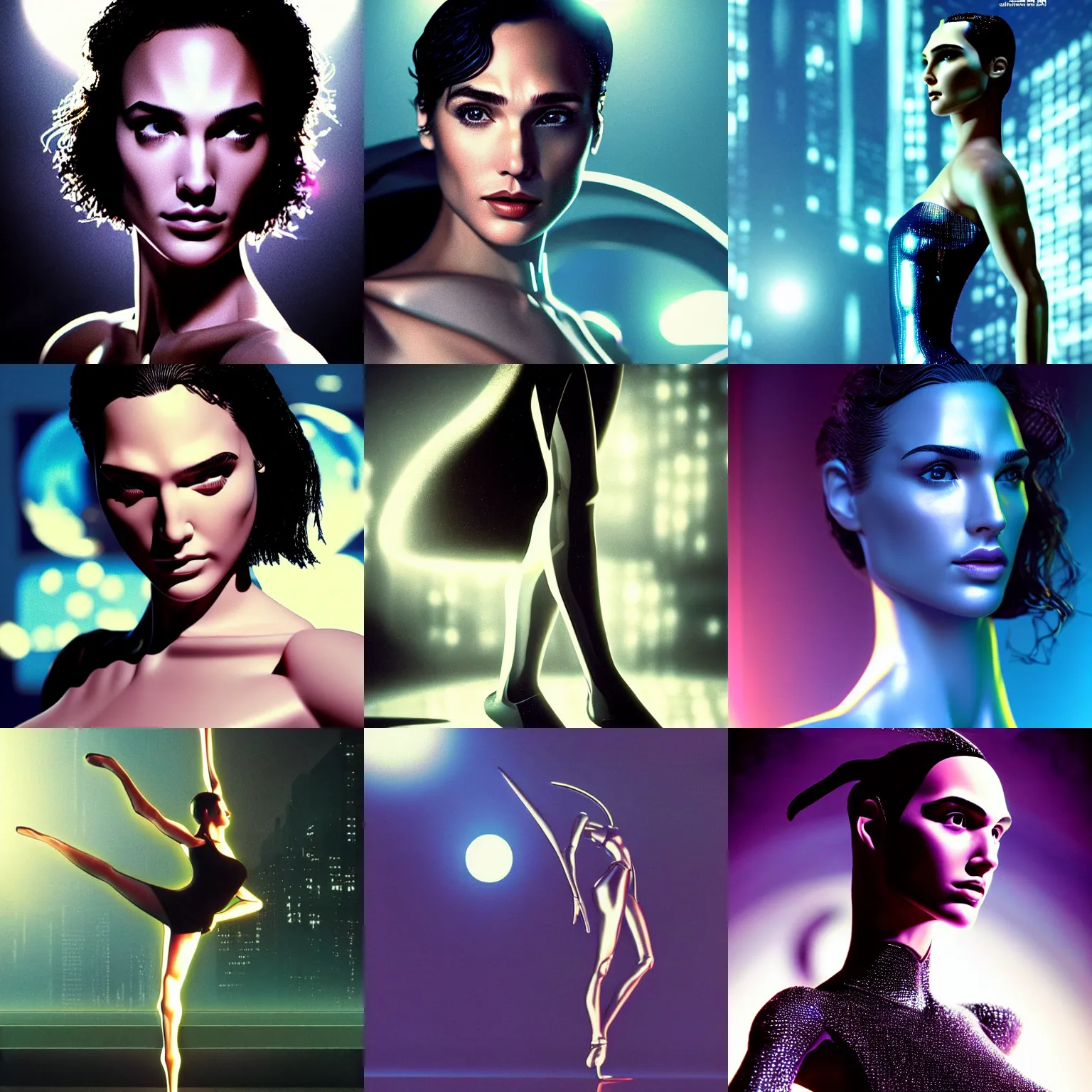 Prompt: beautiful ultra realistic extreme closeup still life, 1990s frontiers in human dance fashion magazine September retrofuturism blade runner gal gadot edition, highly detailed, extreme closeup portrait, tilt shift zaha hadid moon lit metropolis background, three point perspective, focus on feminine model, pointè pose, soft lighting