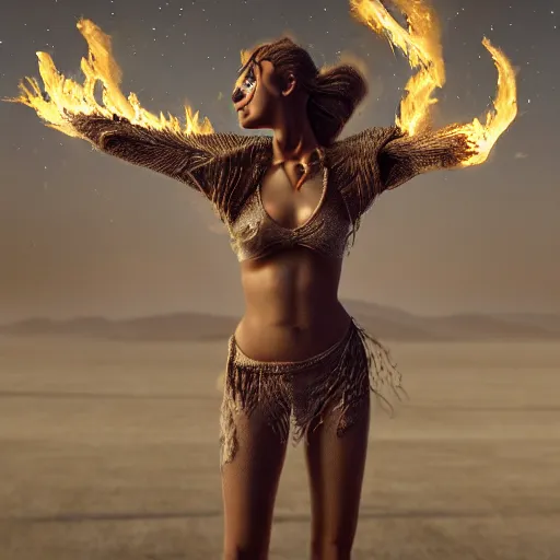 Image similar to full body pose, hyperrealistic photograph of a beautiful girl, burning man, dim volumetric lighting, 8 k, octane beautifully detailed render, extremely hyper detailed, intricate, epic composition, cinematic lighting, masterpiece, trending on artstation, very very detailed, stunning, hdr, smooth, sharp focus, high resolution, award, winning photo, dslr, 5 0 mm