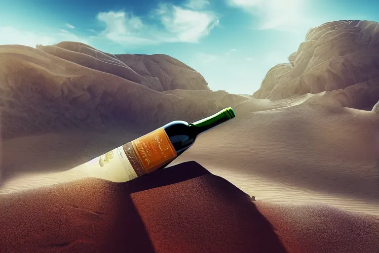 Prompt: wine bottle buried in oasis in the middle of a desert, dramatic, mid day, mountain background, large scale, hyperrealistic, lots of detail, realistic lighting, octane render, by wlop, artgerm, trending on artstation