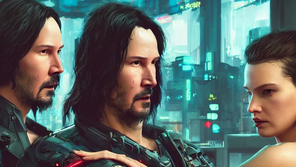 Image similar to a cyberpunk 2077 srcreenshot couple portrait of Keanu Reeves&female android in kiss,love story,film lighting,by Laurie Greasley,Lawrence Alma-Tadema,Dan Mumford,John Wick,Speed,Replicas,artstation,deviantart,FAN ART,full of color,Digital painting,face enhance,highly detailed,8K,octane,golden ratio,cinematic lighting