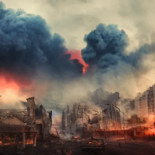 Image similar to destroyed city, dystopian, war, real, thick blue smoke, red clouds, detailed, award winning, masterpiece