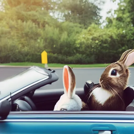 Image similar to a cute bunny driving a convertible, studio photo, high quality