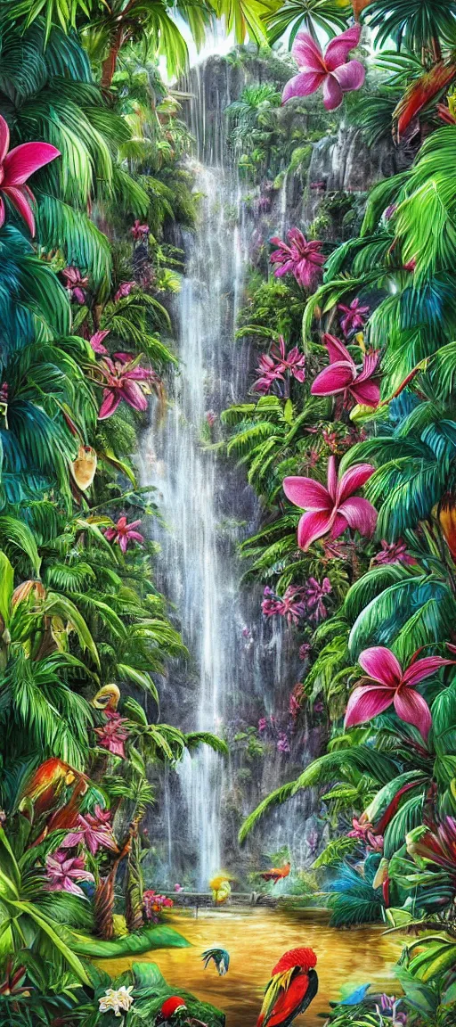 Image similar to cascading concept art of an exotic garden with waterfall pools, macaw parrots, flowers and palm trees, plumeria, detailed, highly detailed, aesthetic, realistic, hyper realism, colorful, in depth, intricate,