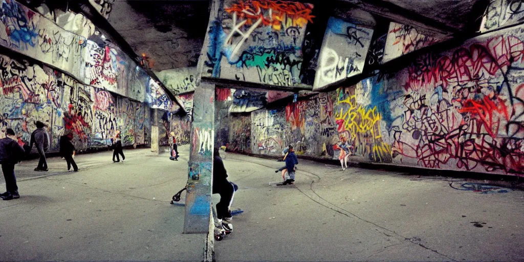 Prompt: under the bridge in new york, night, city lights, graffiti flop on the wall, skaters, coloured film photography, christopher morris photography, bruce davidson photography