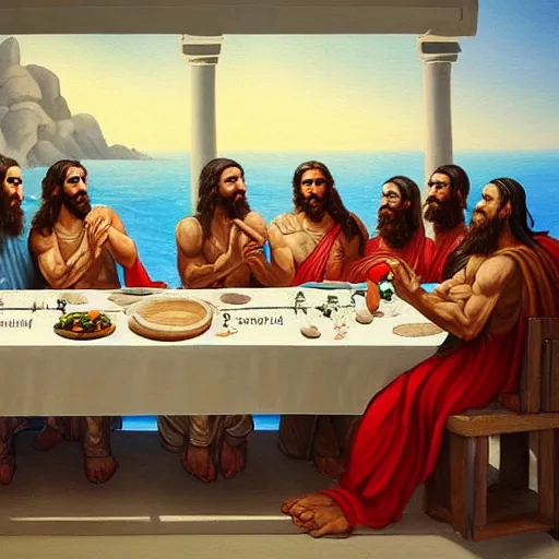 Image similar to ancient greec gods around dinner table in the style of last supper, painting, detailed, trending on artstation