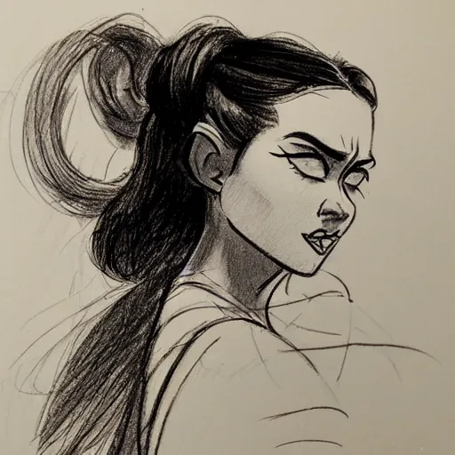 Image similar to milt kahl sketch of vanessa hudgeons with done up hair, tendrils covering face and ponytail as princess padme from star wars episode 3