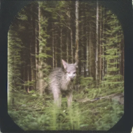 Image similar to polaroid of cryptid in the woods, blurry