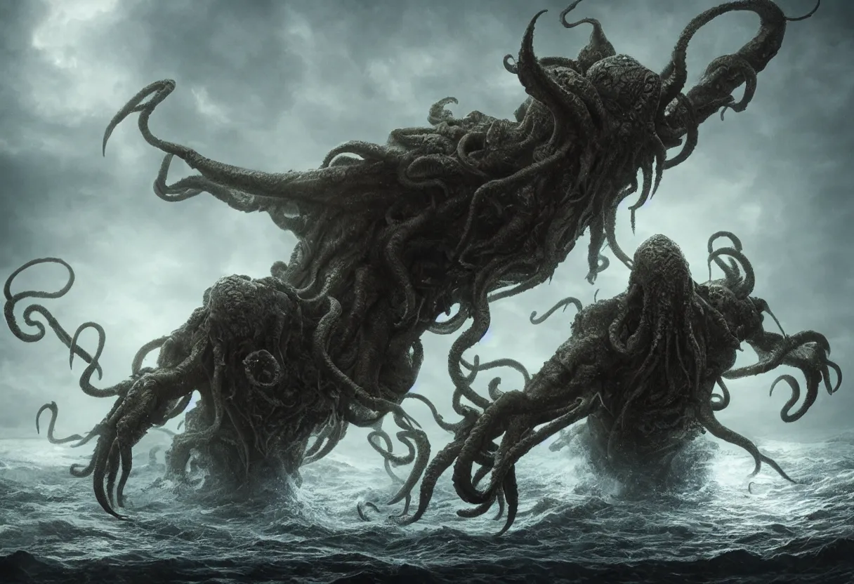 Prompt: concept art of cthulhu emerging from the ocean, omnious old photo, cinematic lighting, apocalyptic, atmospheric, hyper realism, realistic, octane render, dramatic lighting, highly detailed, cinematic