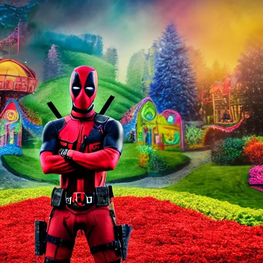 Image similar to deadpool stands in candyland, buildings, 8 k photography, detailed