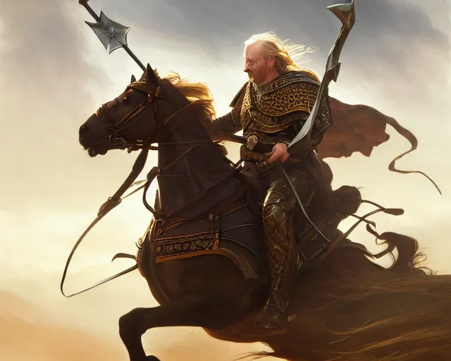 Prompt: king theoden charging the battlefield on horseback with an army of horses behind him, deep focus, d & d, fantasy, intricate, elegant, highly detailed, digital painting, artstation, concept art, matte, sharp focus, illustration, hearthstone, art by artgerm and greg rutkowski and alphonse mucha