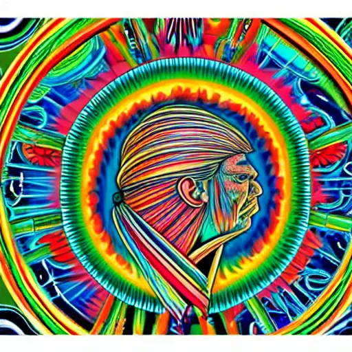 Prompt: alex grey illustration of Donald trump sitting Indian style with psychedelic visions expanding outward from his mind