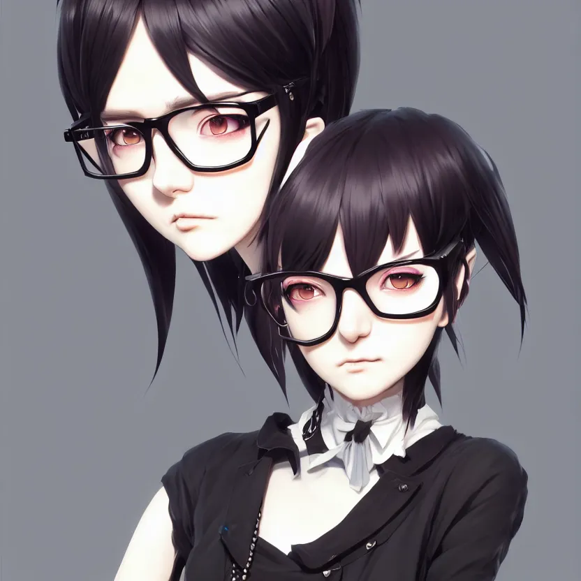 Prompt: character design portrait of an anthropomorphic anime gothic punk girl, wearing medium - sized glasses, eyelids half closed, slight smile, profile perspective view from the side, concept art, by wlop, ilya kuvshinov, artgerm, krenz cushart, pixiv, tending on artstation, digital art, 4 k,