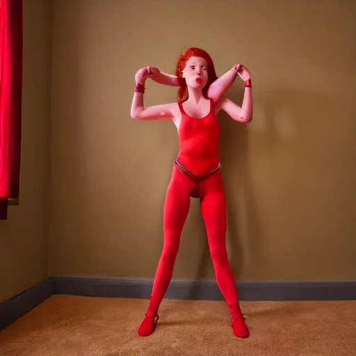 Prompt: a portrait beautiful red - haired cyborg girl iron legs stands in the dog pose in the red room height detailed, 8 k