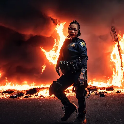 Image similar to Candid extreme wide shot of a poor techwear mixed woman with short hair and tattoos outside of a futuristic Los Angeles on fire, a police MRAP on fire, cyberpunk, 4k, extreme long shot, desaturated, full shot, action shot, motion blur, depth of field, sigma 85mm f/1.4, high resolution, 4k, 8k, hd, full color, award winning photography, war photography