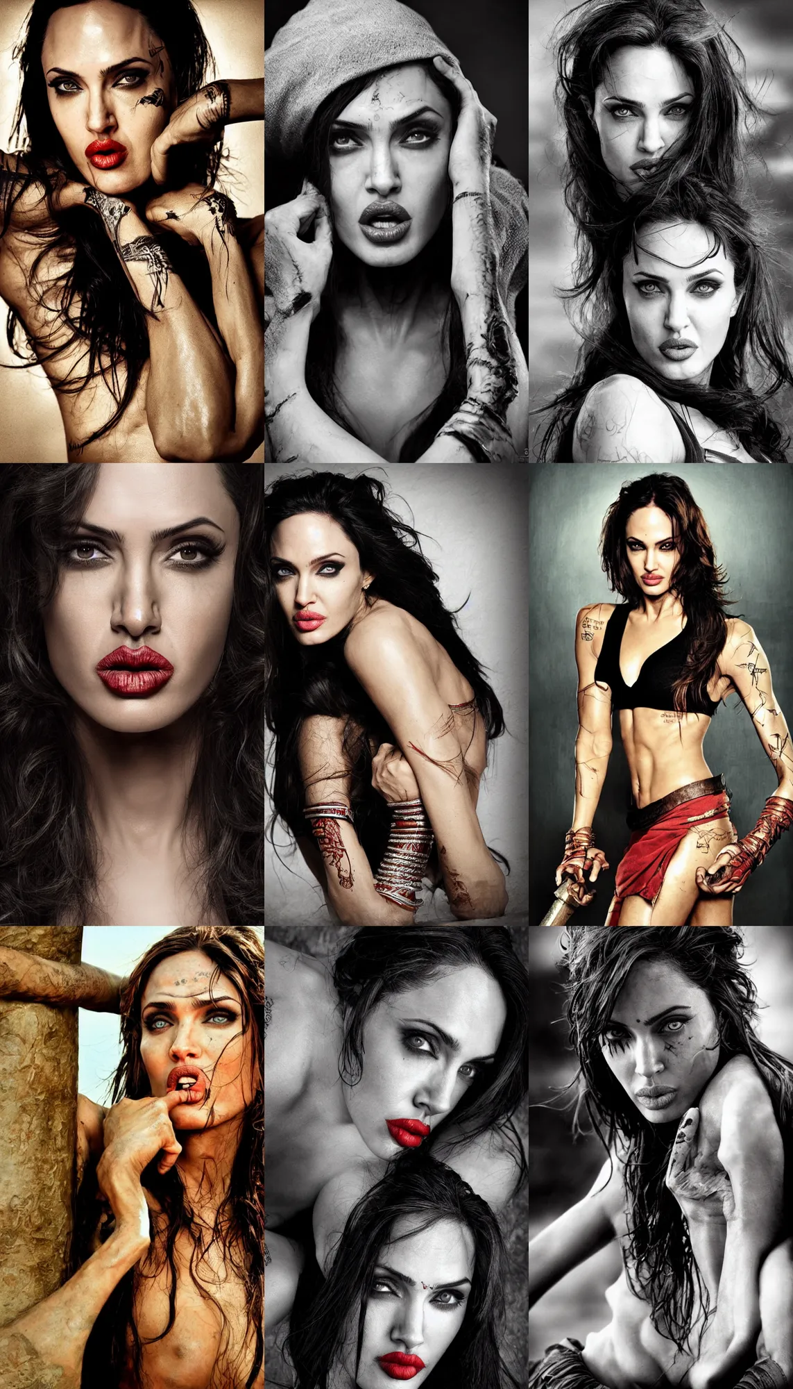Prompt: photo, fighting, warrior, action, provocative indian, nose of Angelina Jolie, lips of Megan Fox, award winning photography by Leonardo Espina