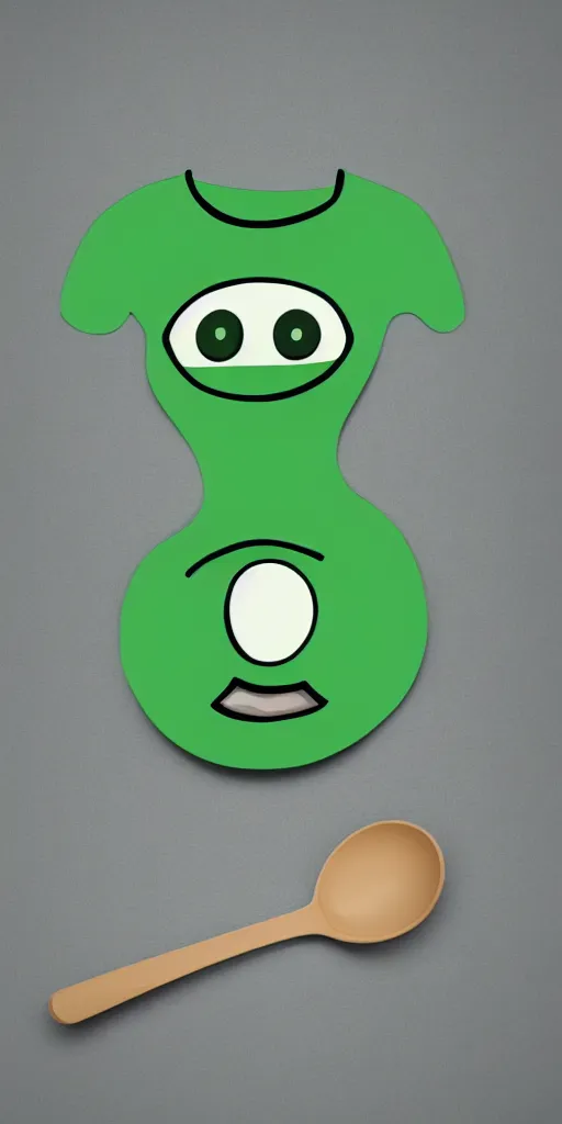 Image similar to catalog illustration of a spoon with eyes and a smile with a green tshirt on